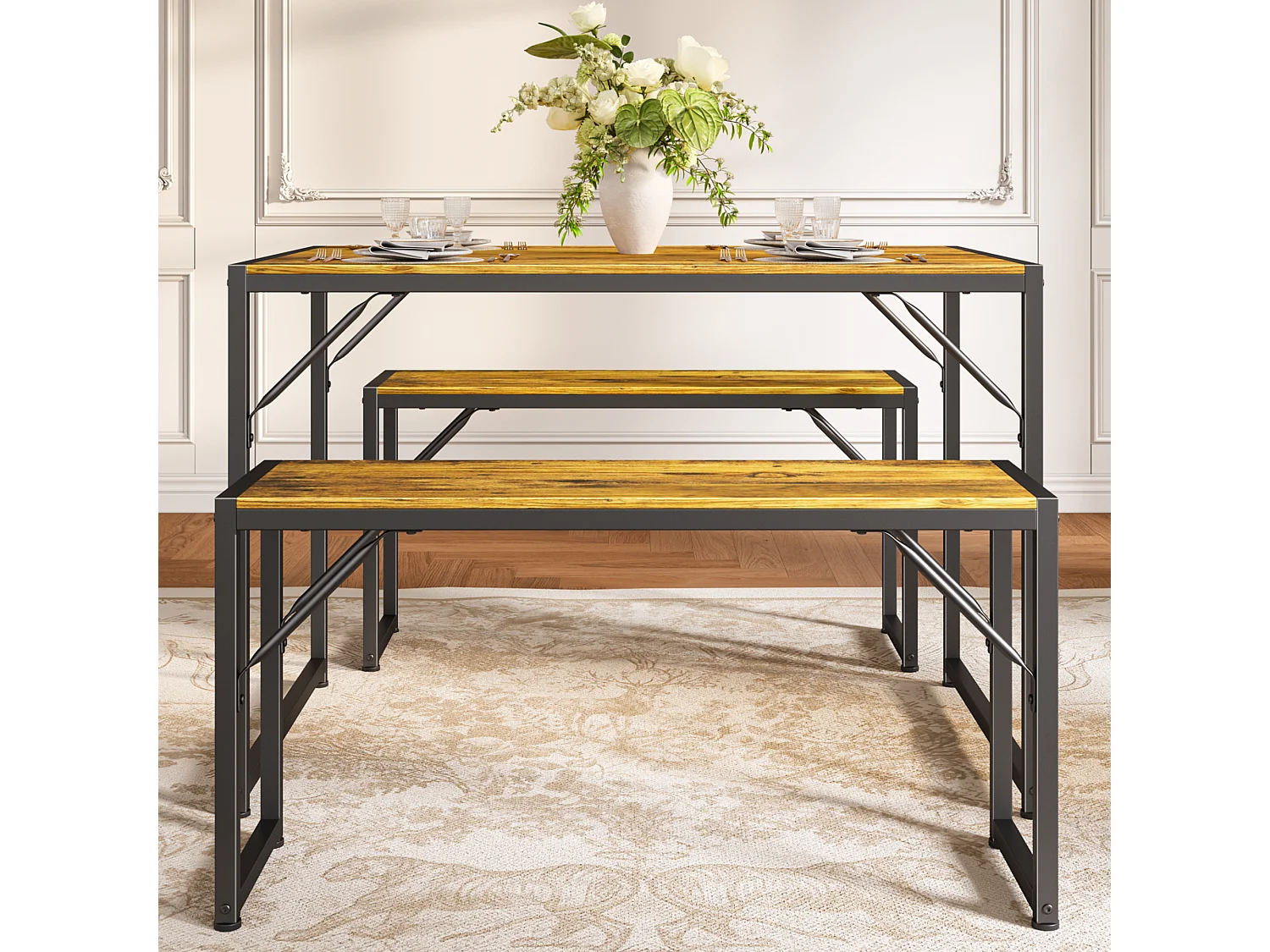 Bealife Ensemble Table de Cuisine Cadre Métal avec 2 Bancs - Retro