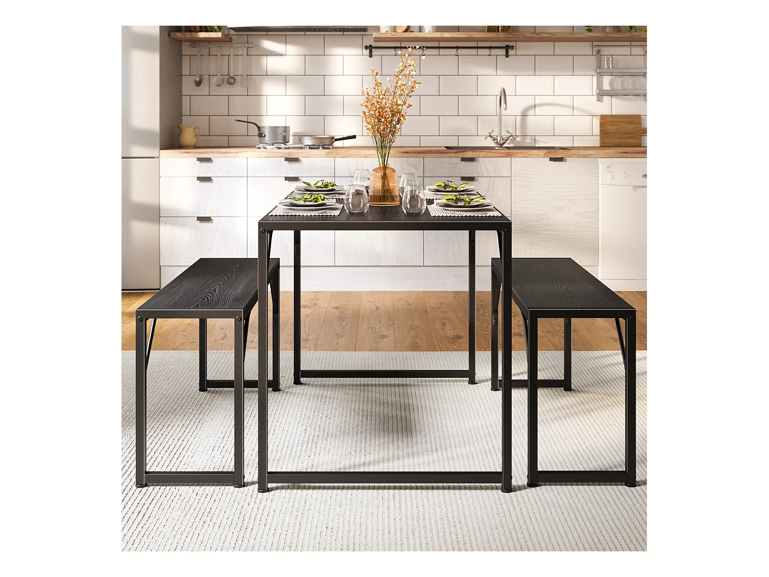 Bealife Ensemble Table de Cuisine Cadre Métal avec 2 Bancs - Noir