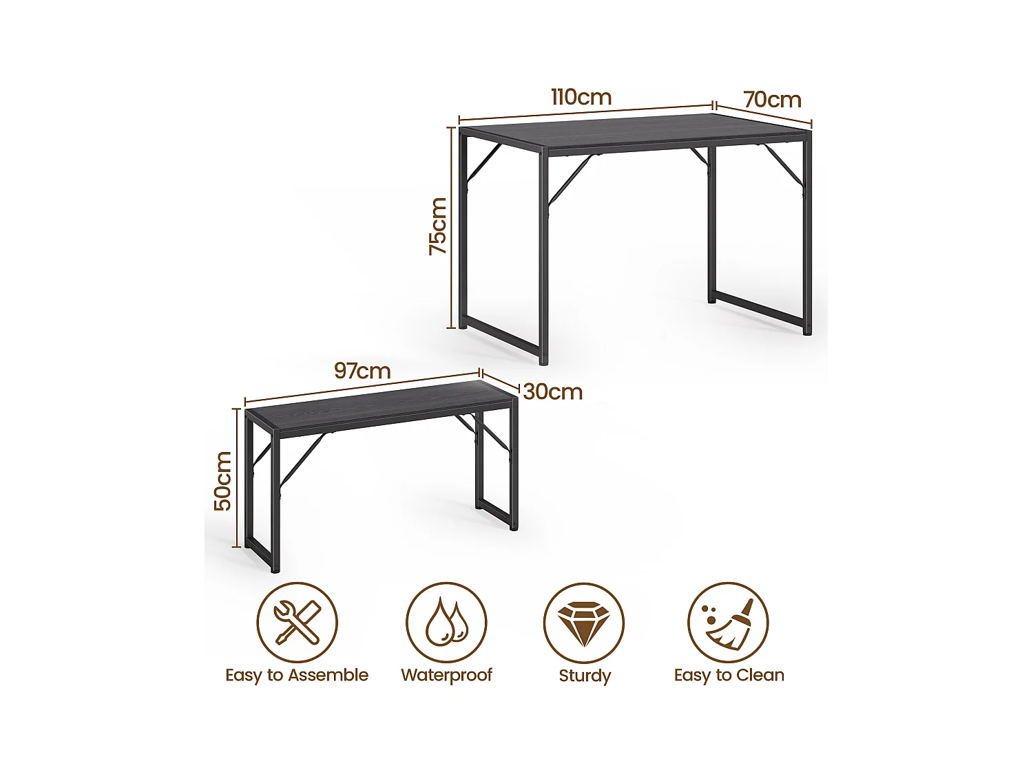 Bealife Ensemble Table de Cuisine Cadre Métal avec 2 Bancs - Noir