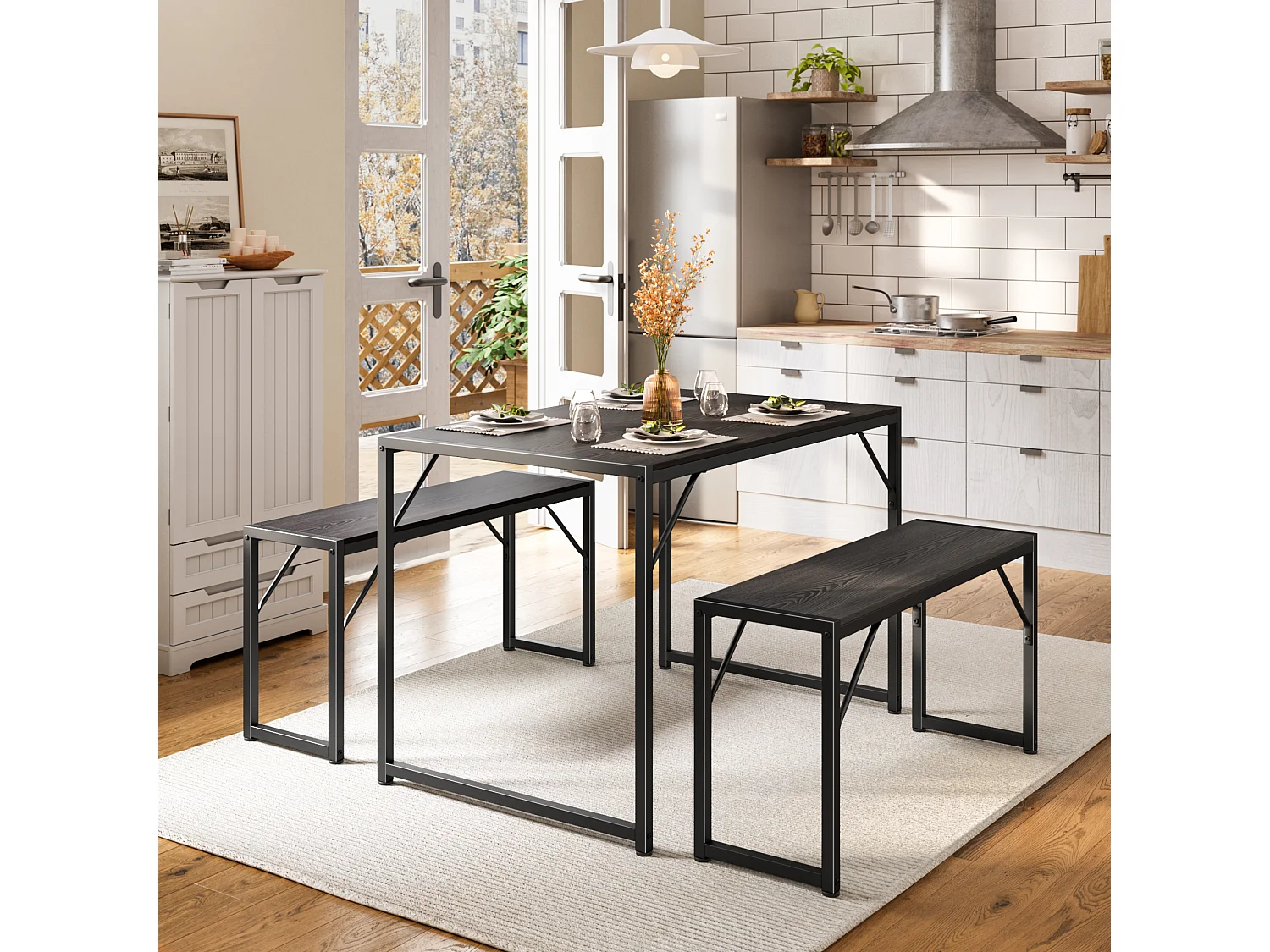 Bealife Ensemble Table de Cuisine Cadre Métal avec 2 Bancs - Noir