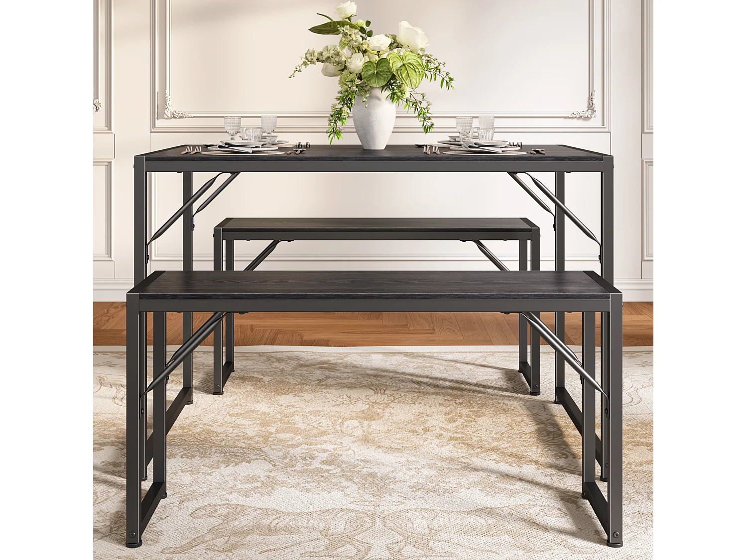 Bealife Ensemble Table de Cuisine Cadre Métal avec 2 Bancs - Noir