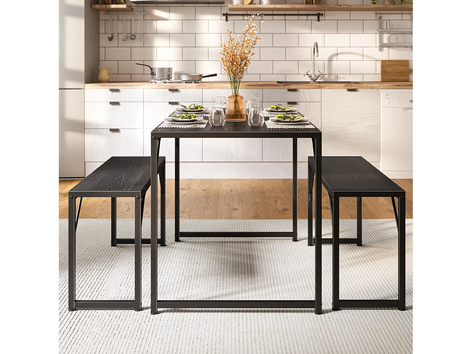 Bealife Ensemble Table de Cuisine Cadre Métal avec 2 Bancs - Noir