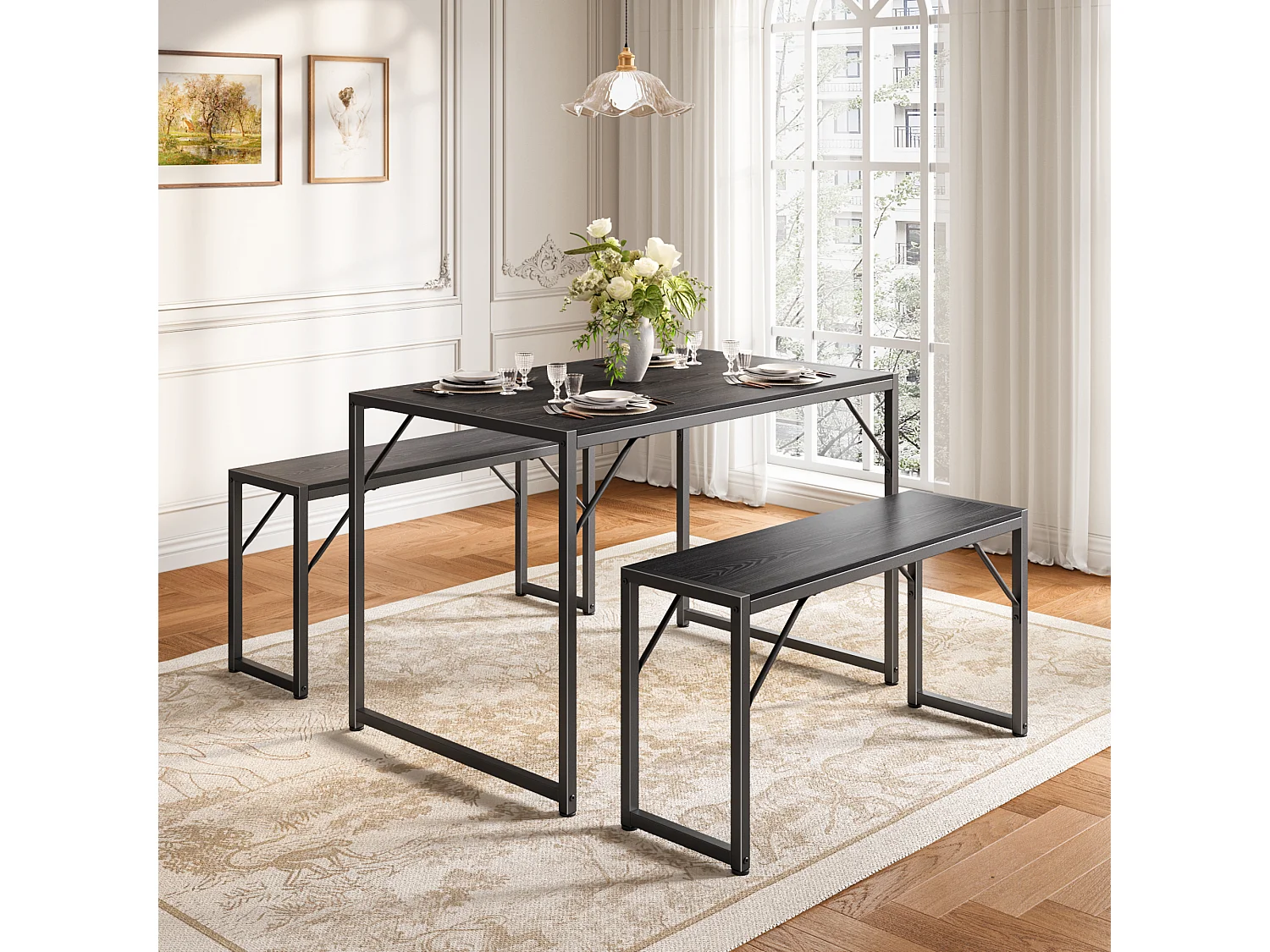 Bealife Ensemble Table de Cuisine Cadre Métal avec 2 Bancs - Noir