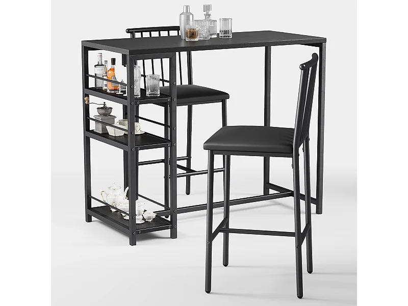 Lot Table et Tabourets de Bar Bealife (1+2) avec Tablette - Cuisine, Bistrot - 91 x 50 x 91 cm - Noir