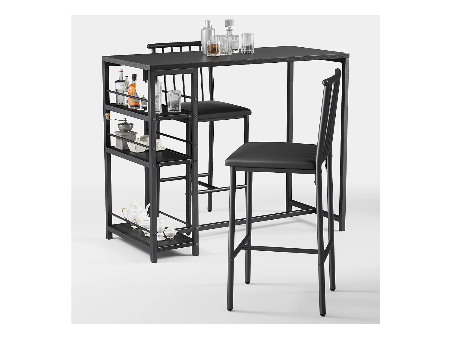 Lot Table et Tabourets de Bar Bealife (1+2) avec Tablette - Cuisine, Bistrot - 91 x 50 x 91 cm - Noir