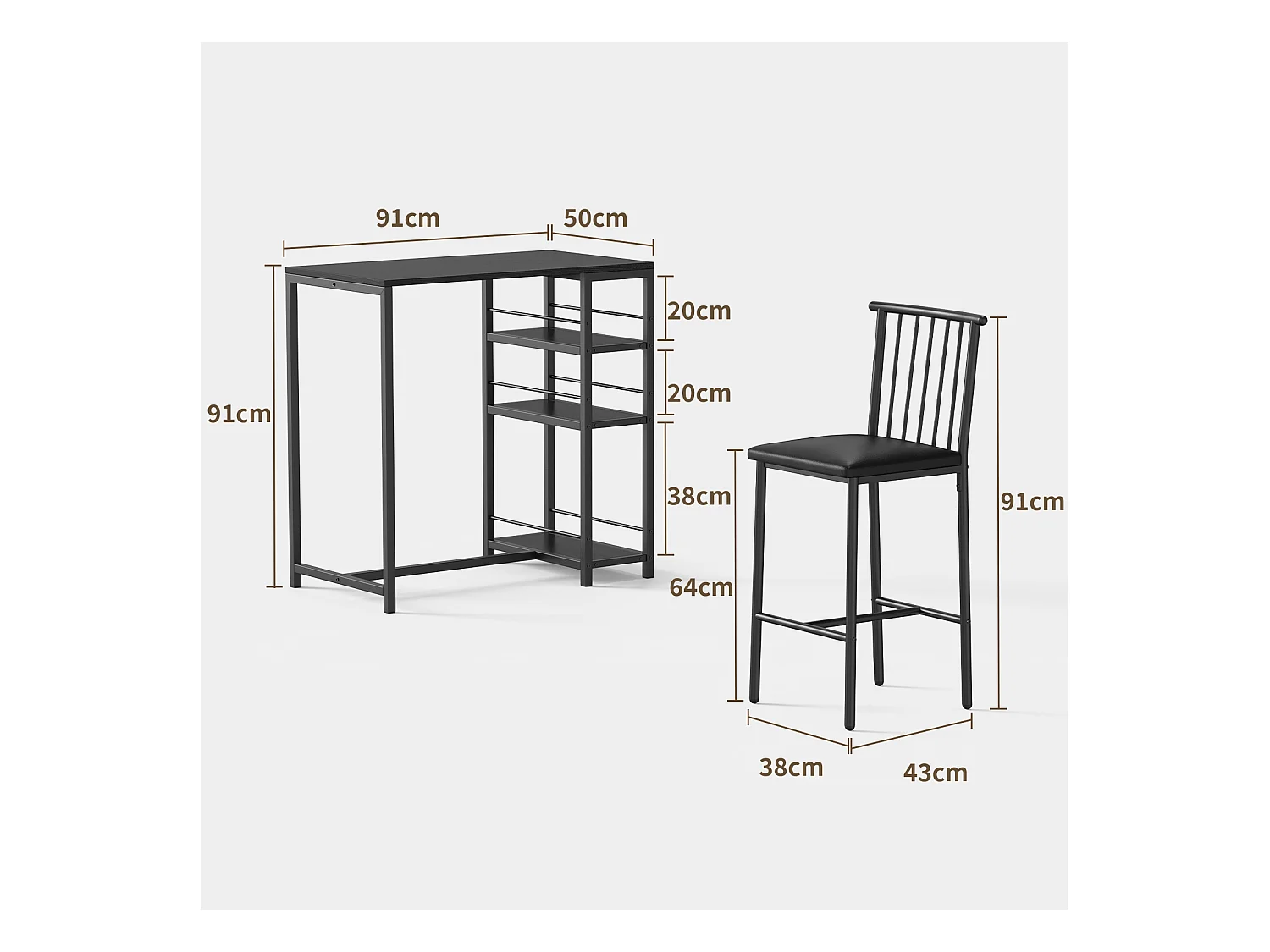 Lot Table et Tabourets de Bar Bealife (1+2) avec Tablette - Cuisine, Bistrot - 91 x 50 x 91 cm - Noir