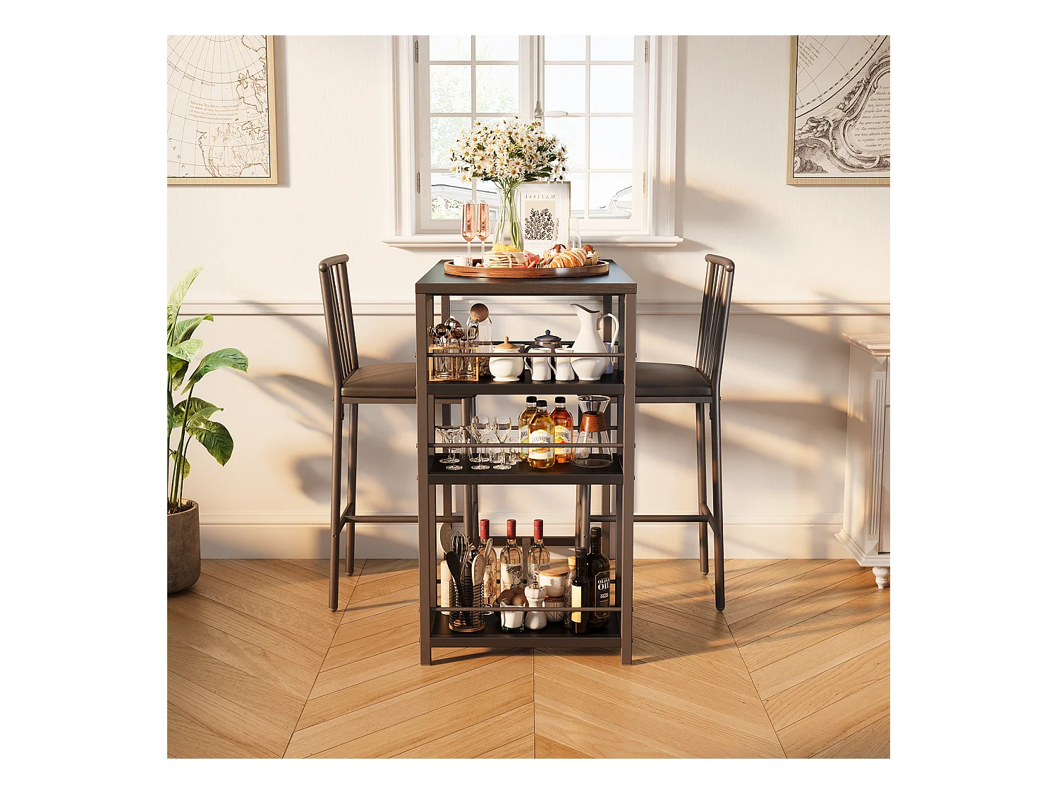 Lot Table et Tabourets de Bar Bealife (1+2) avec Tablette - Cuisine, Bistrot - 91 x 50 x 91 cm - Noir