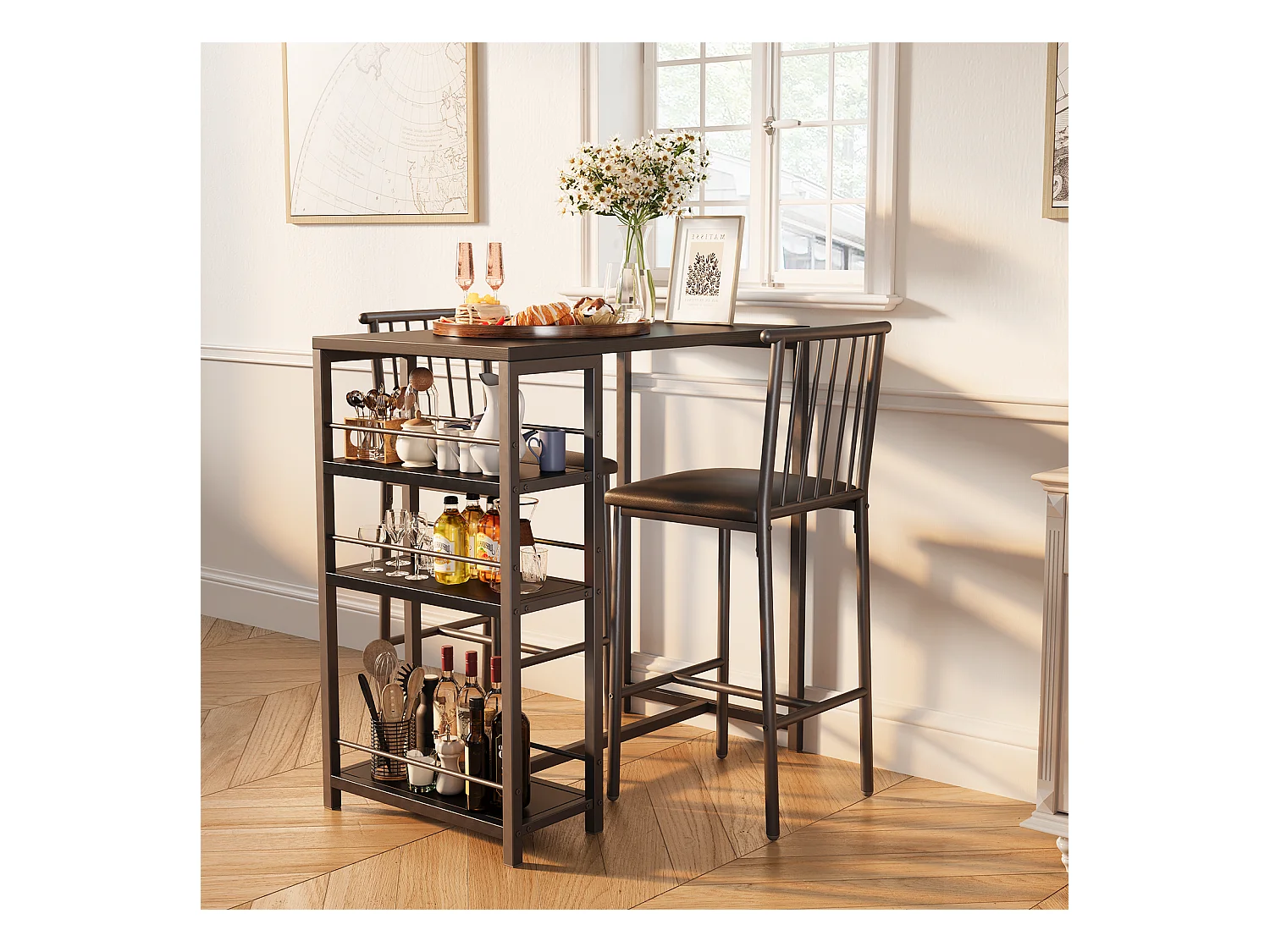 Lot Table et Tabourets de Bar Bealife (1+2) avec Tablette - Cuisine, Bistrot - 91 x 50 x 91 cm - Noir