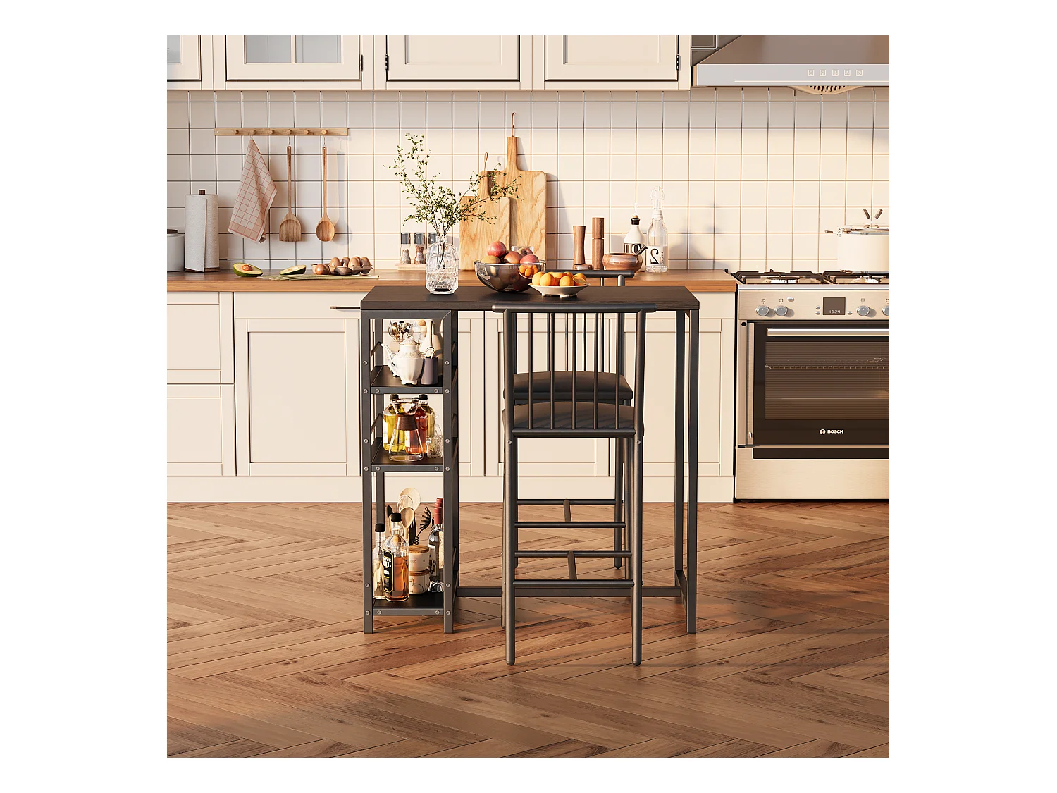 Lot Table et Tabourets de Bar Bealife (1+2) avec Tablette - Cuisine, Bistrot - 91 x 50 x 91 cm - Noir