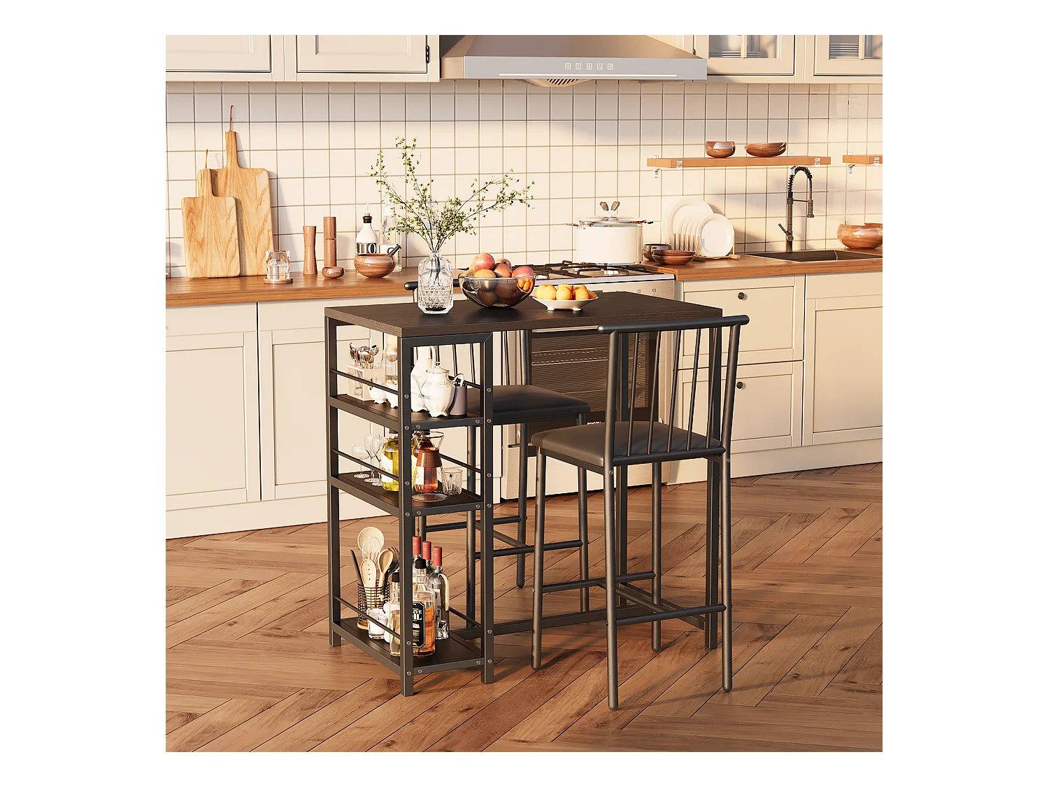 Lot Table et Tabourets de Bar Bealife (1+2) avec Tablette - Cuisine, Bistrot - 91 x 50 x 91 cm - Noir