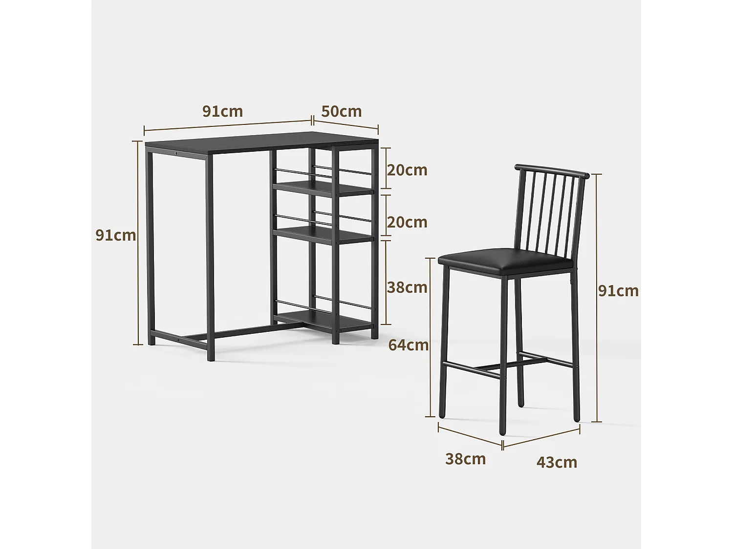 Lot Table et Tabourets de Bar Bealife (1+2) avec Tablette - Cuisine, Bistrot - 91 x 50 x 91 cm - Noir