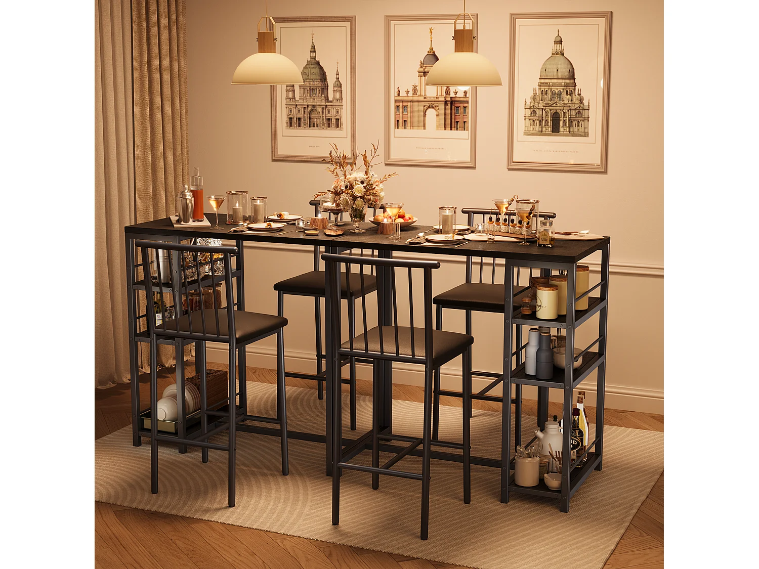 Lot Table et Tabourets de Bar Bealife (1+2) avec Tablette - Cuisine, Bistrot - 91 x 50 x 91 cm - Noir