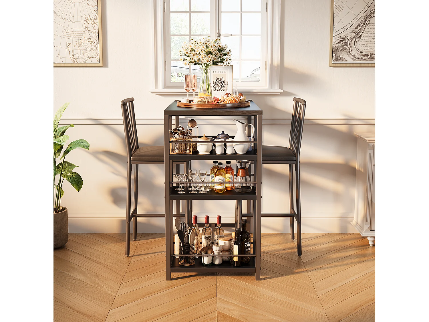 Lot Table et Tabourets de Bar Bealife (1+2) avec Tablette - Cuisine, Bistrot - 91 x 50 x 91 cm - Noir