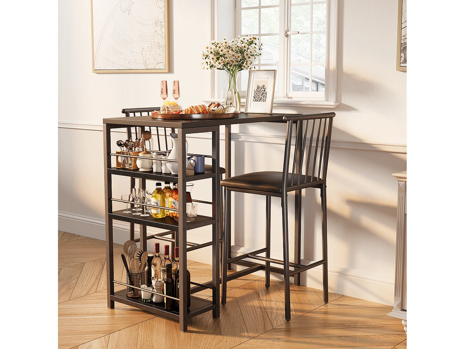 Lot Table et Tabourets de Bar Bealife (1+2) avec Tablette - Cuisine, Bistrot - 91 x 50 x 91 cm - Noir