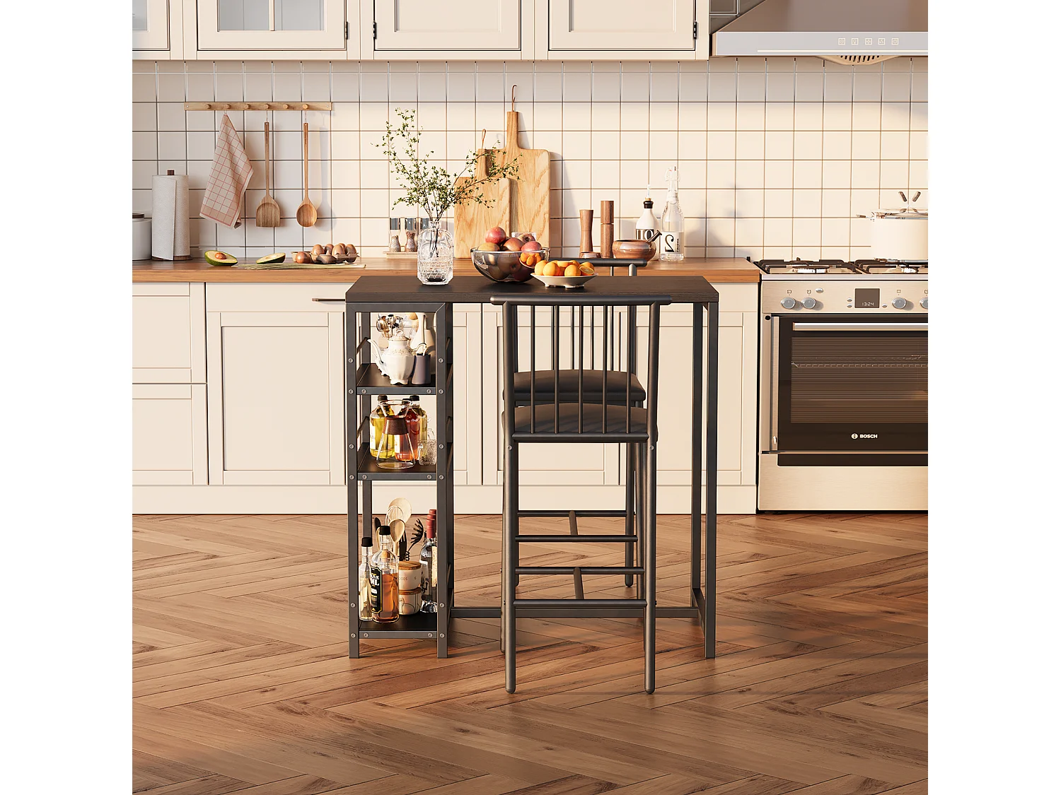 Lot Table et Tabourets de Bar Bealife (1+2) avec Tablette - Cuisine, Bistrot - 91 x 50 x 91 cm - Noir