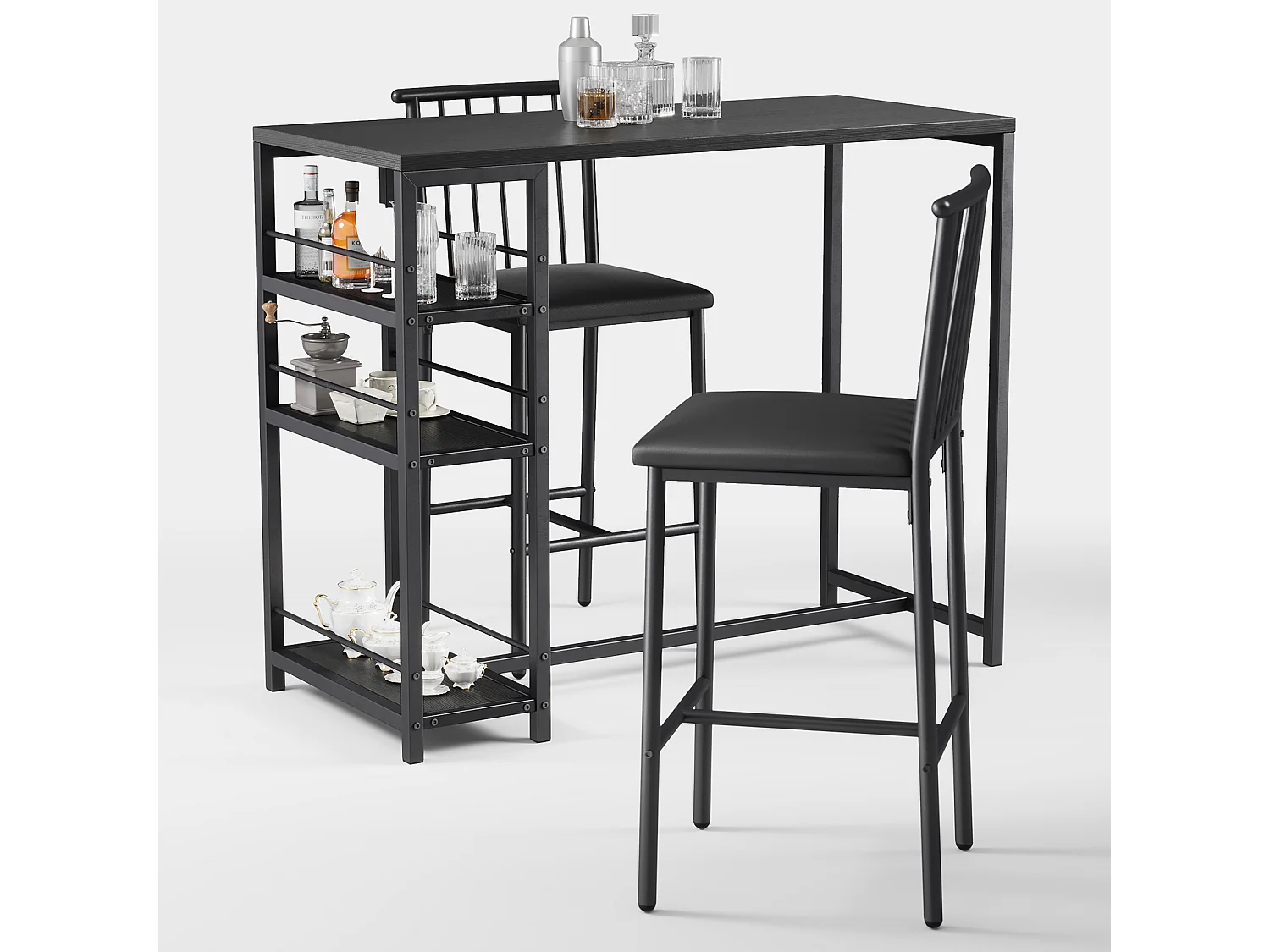 Lot Table et Tabourets de Bar Bealife (1+2) avec Tablette - Cuisine, Bistrot - 91 x 50 x 91 cm - Noir