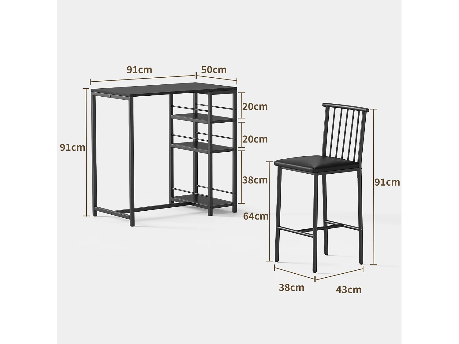 Lot Table et Tabourets de Bar Bealife (1+2) avec Tablette - Cuisine, Bistrot - 91 x 50 x 91 cm - Noir
