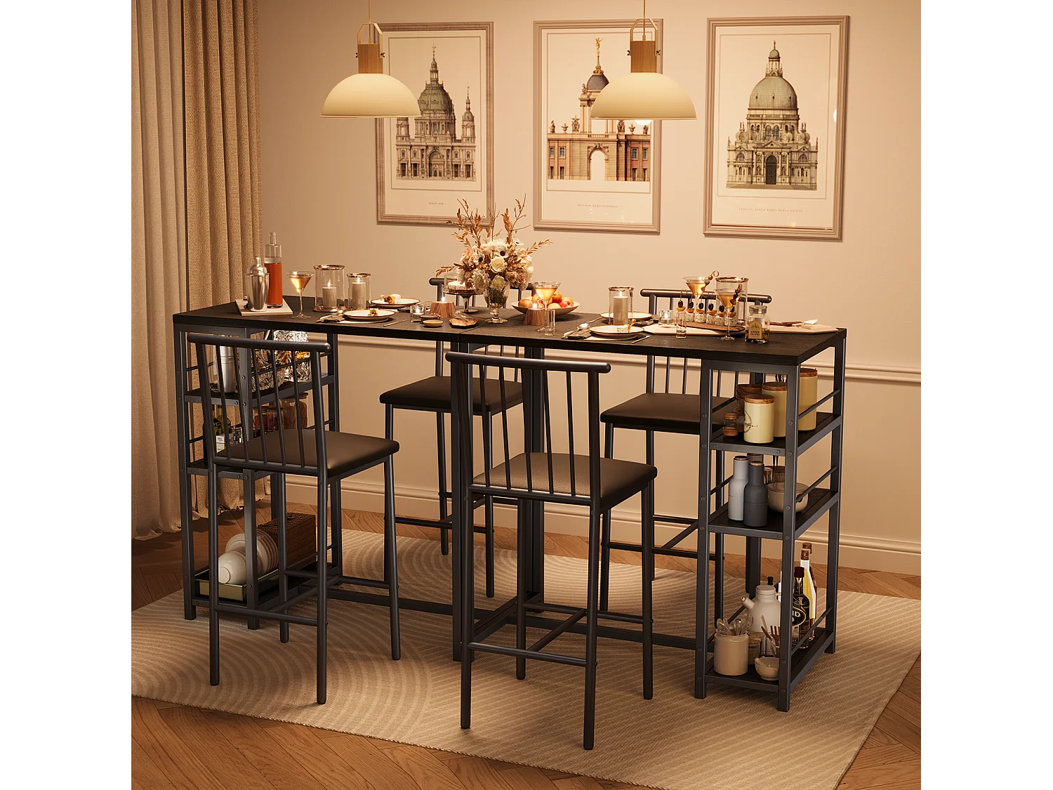Lot Table et Tabourets de Bar Bealife (1+2) avec Tablette - Cuisine, Bistrot - 91 x 50 x 91 cm - Noir