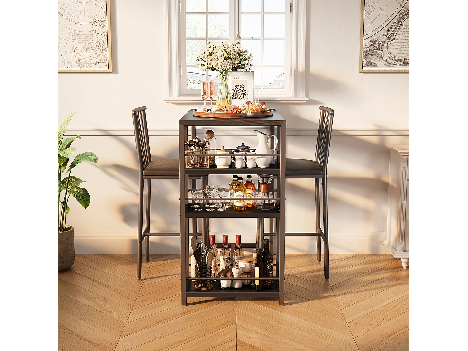 Lot Table et Tabourets de Bar Bealife (1+2) avec Tablette - Cuisine, Bistrot - 91 x 50 x 91 cm - Noir