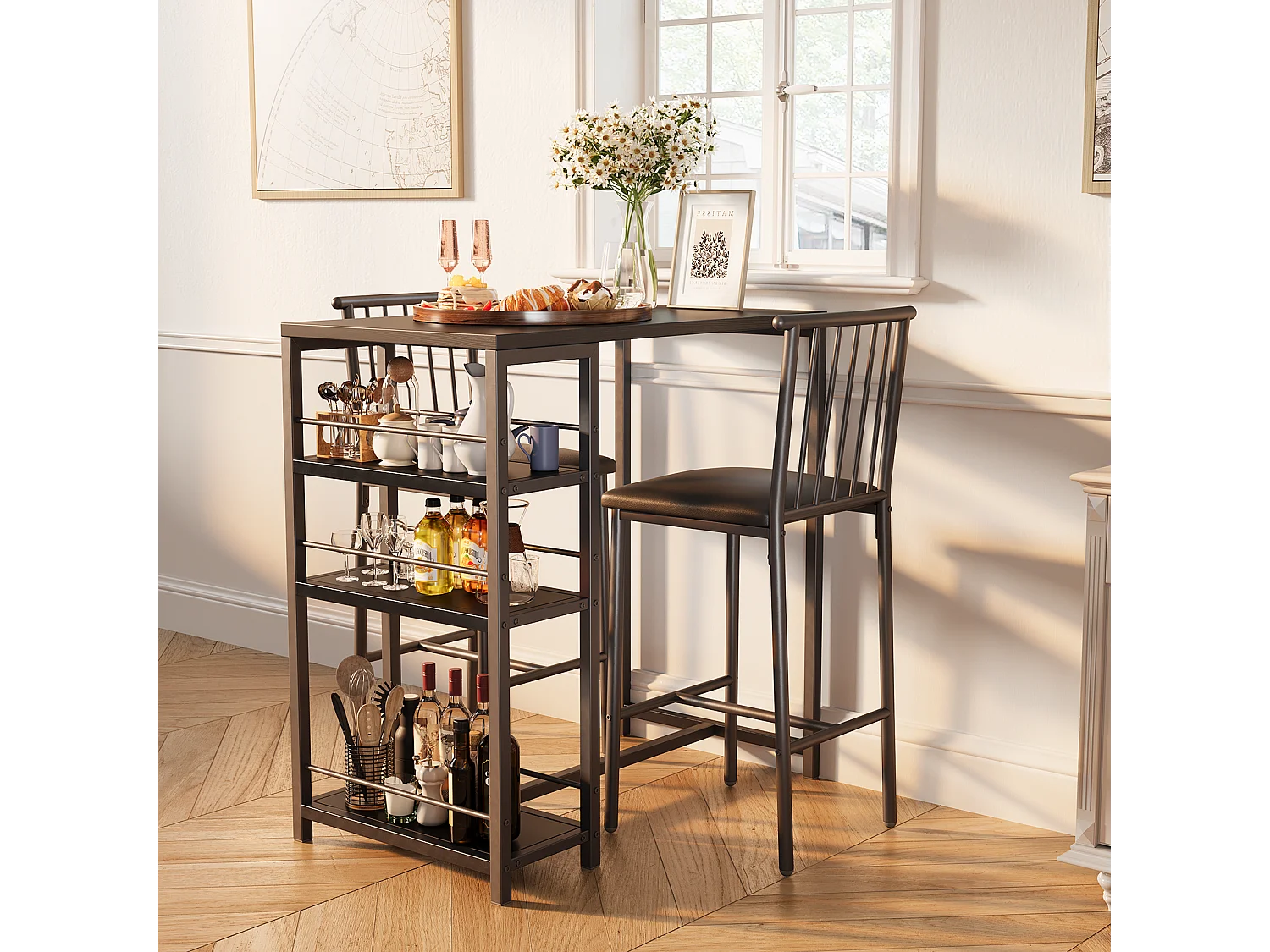 Lot Table et Tabourets de Bar Bealife (1+2) avec Tablette - Cuisine, Bistrot - 91 x 50 x 91 cm - Noir