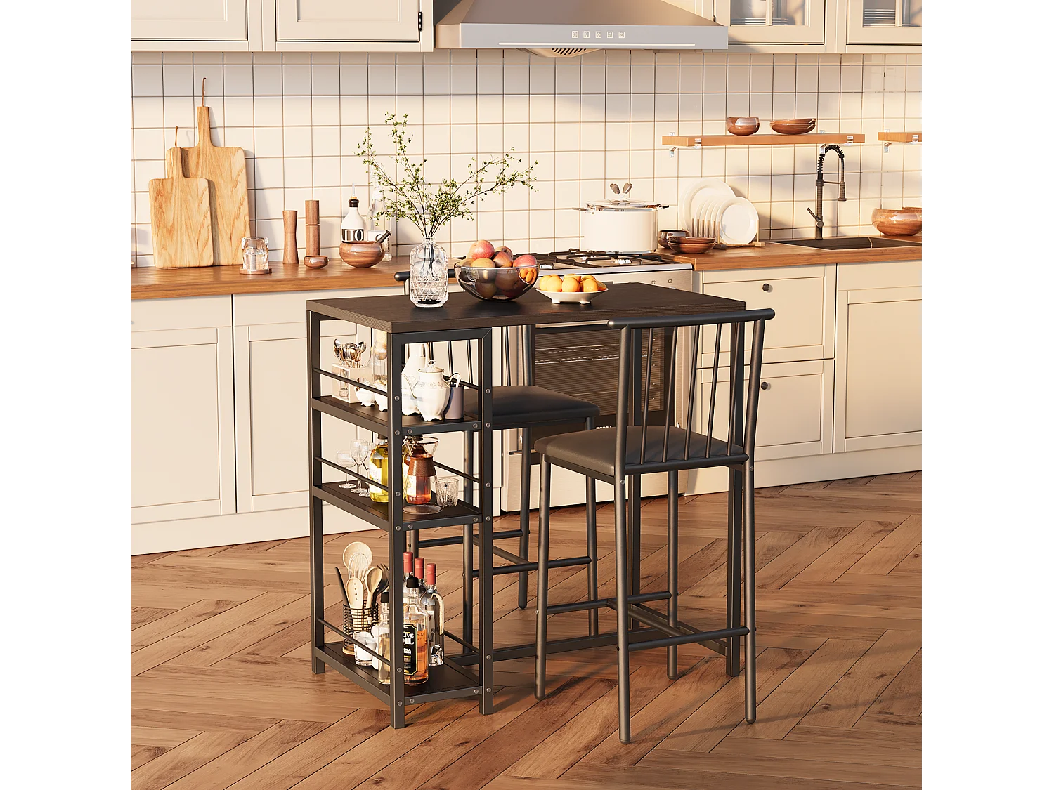 Lot Table et Tabourets de Bar Bealife (1+2) avec Tablette - Cuisine, Bistrot - 91 x 50 x 91 cm - Noir