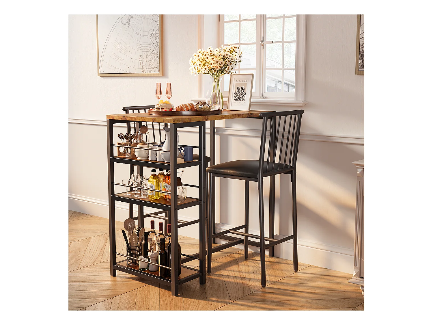 Lot Table et Tabourets de Bar Bealife (1+2) avec Tablette - Cuisine, Bistrot - 91 x 50 x 91 cm - Marron