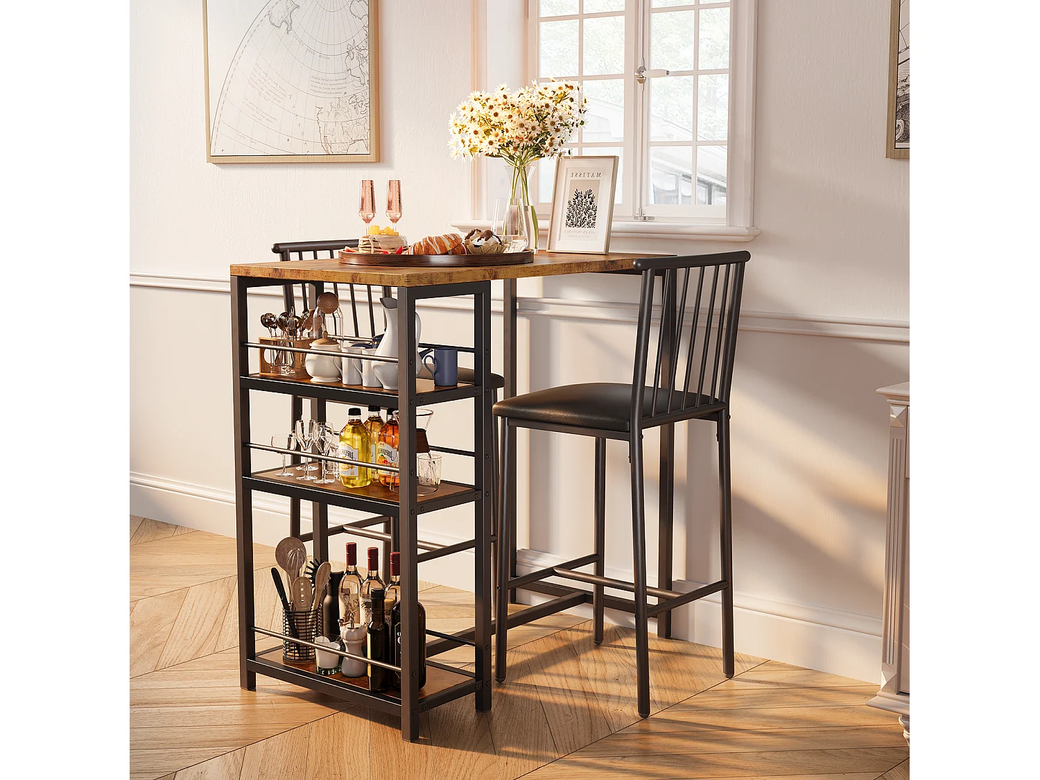 Lot Table et Tabourets de Bar Bealife (1+2) avec Tablette - Cuisine, Bistrot - 91 x 50 x 91 cm - Marron