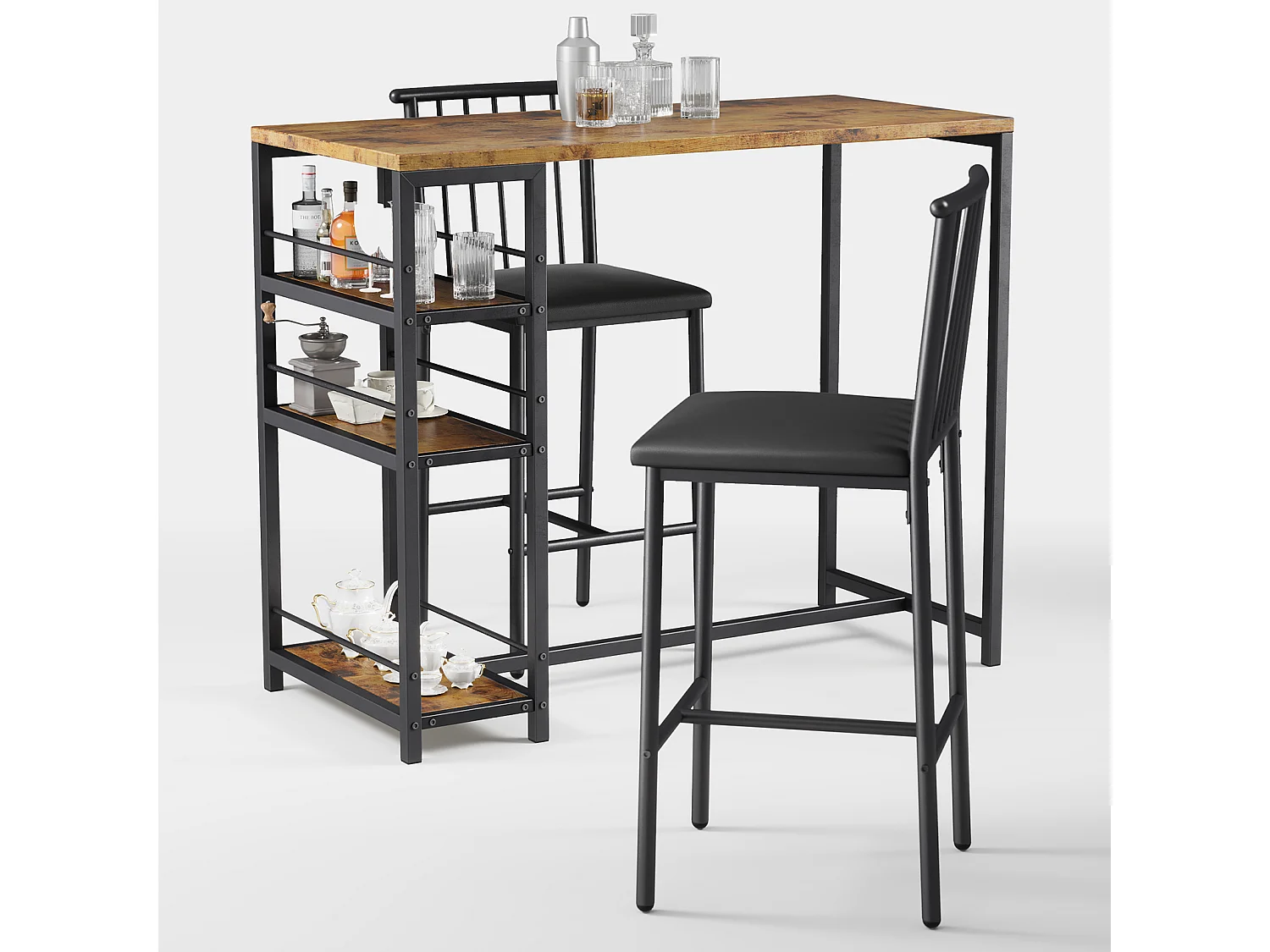 Lot Table et Tabourets de Bar Bealife (1+2) avec Tablette - Cuisine, Bistrot - 91 x 50 x 91 cm - Marron