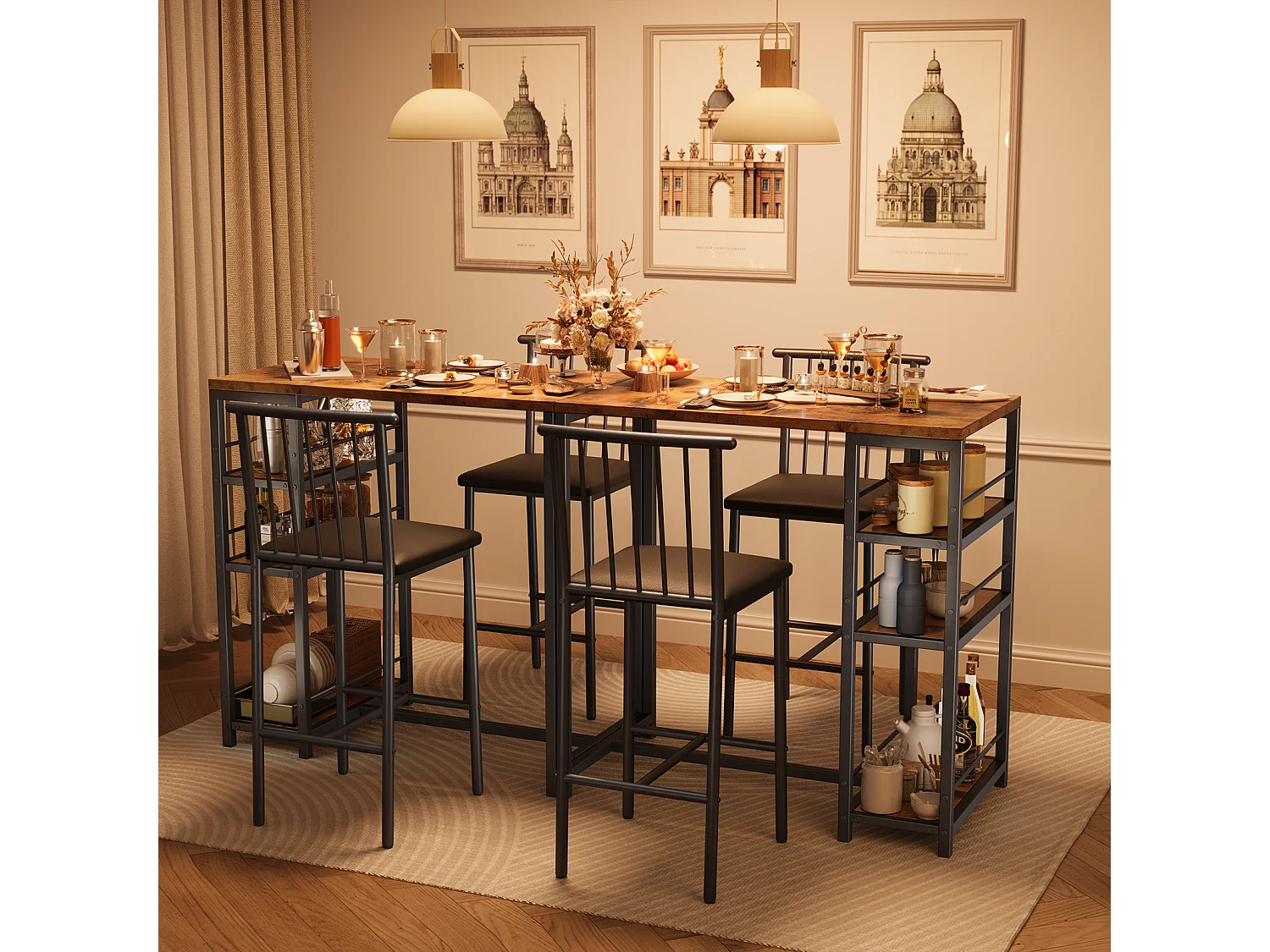 Lot Table et Tabourets de Bar Bealife (1+2) avec Tablette - Cuisine, Bistrot - 91 x 50 x 91 cm - Marron