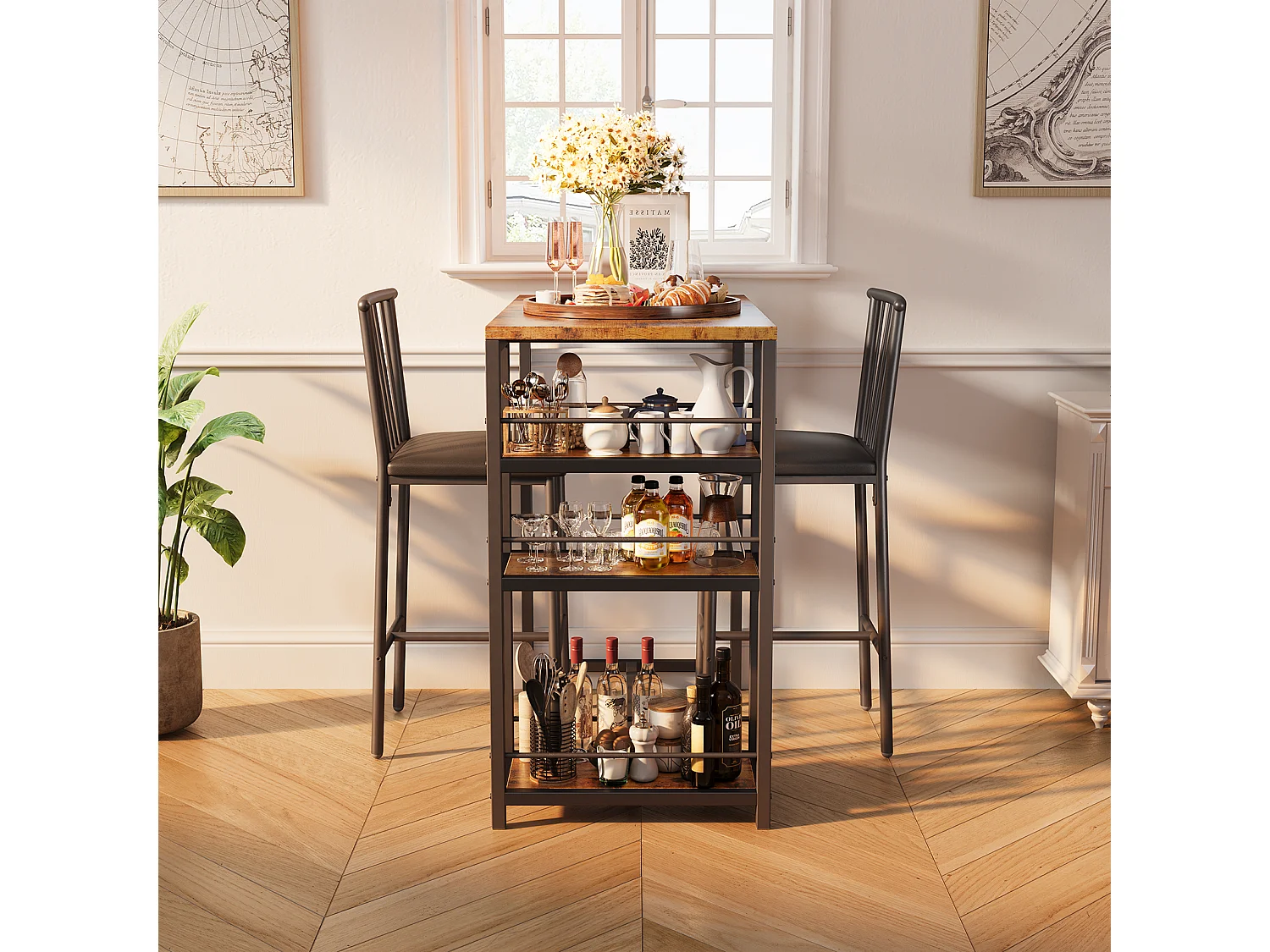 Lot Table et Tabourets de Bar Bealife (1+2) avec Tablette - Cuisine, Bistrot - 91 x 50 x 91 cm - Marron