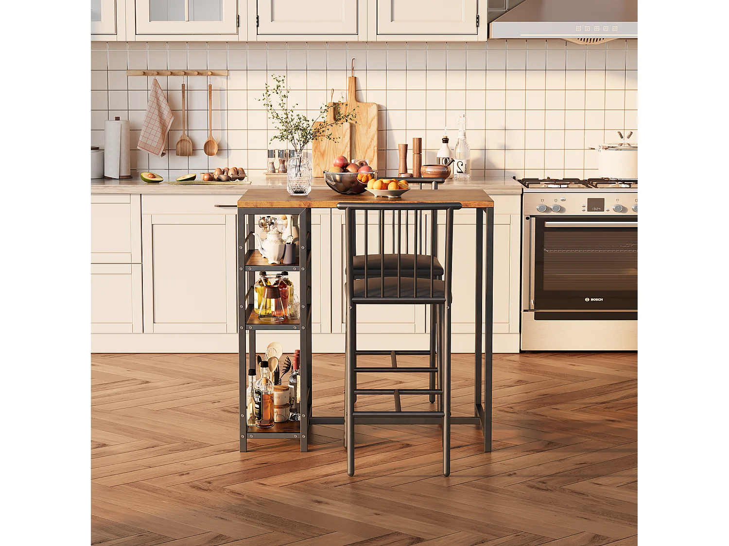 Lot Table et Tabourets de Bar Bealife (1+2) avec Tablette - Cuisine, Bistrot - 91 x 50 x 91 cm - Marron