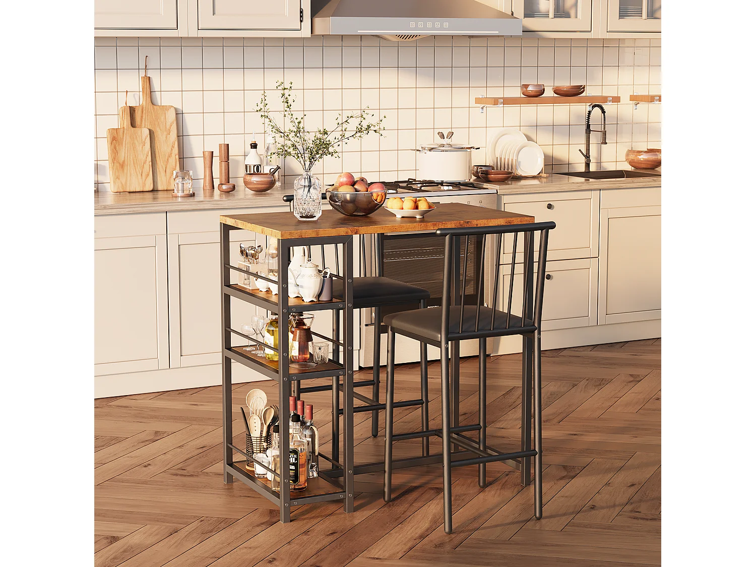 Lot Table et Tabourets de Bar Bealife (1+2) avec Tablette - Cuisine, Bistrot - 91 x 50 x 91 cm - Marron