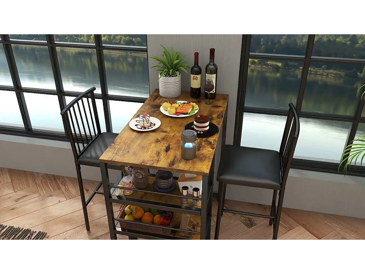 Lot Table et Tabourets de Bar Bealife (1+2) avec Tablette - Cuisine, Bistrot - 91 x 50 x 91 cm - Marron