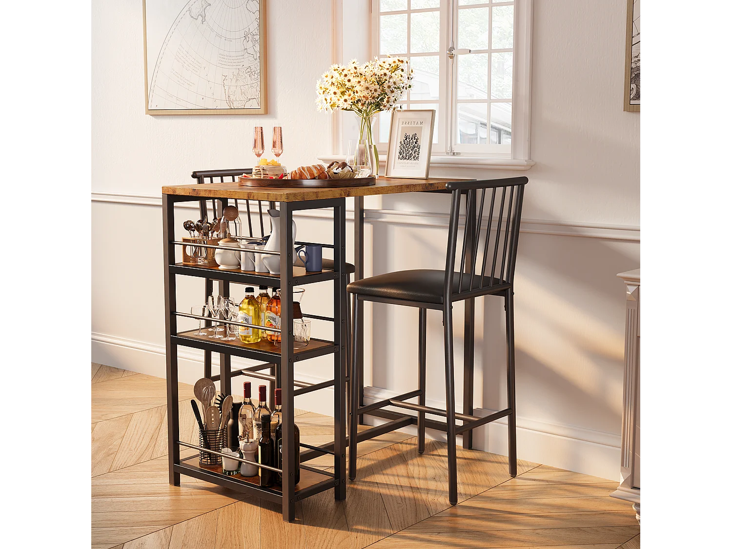 Lot Table et Tabourets de Bar Bealife (1+2) avec Tablette - Cuisine, Bistrot - 91 x 50 x 91 cm - Marron