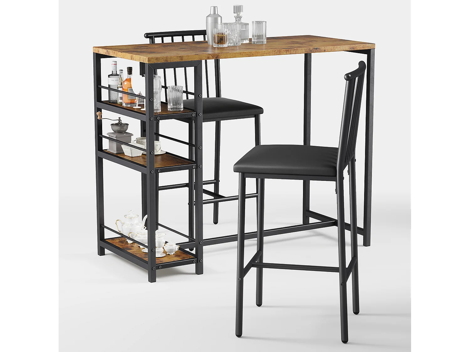 Lot Table et Tabourets de Bar Bealife (1+2) avec Tablette - Cuisine, Bistrot - 91 x 50 x 91 cm - Marron