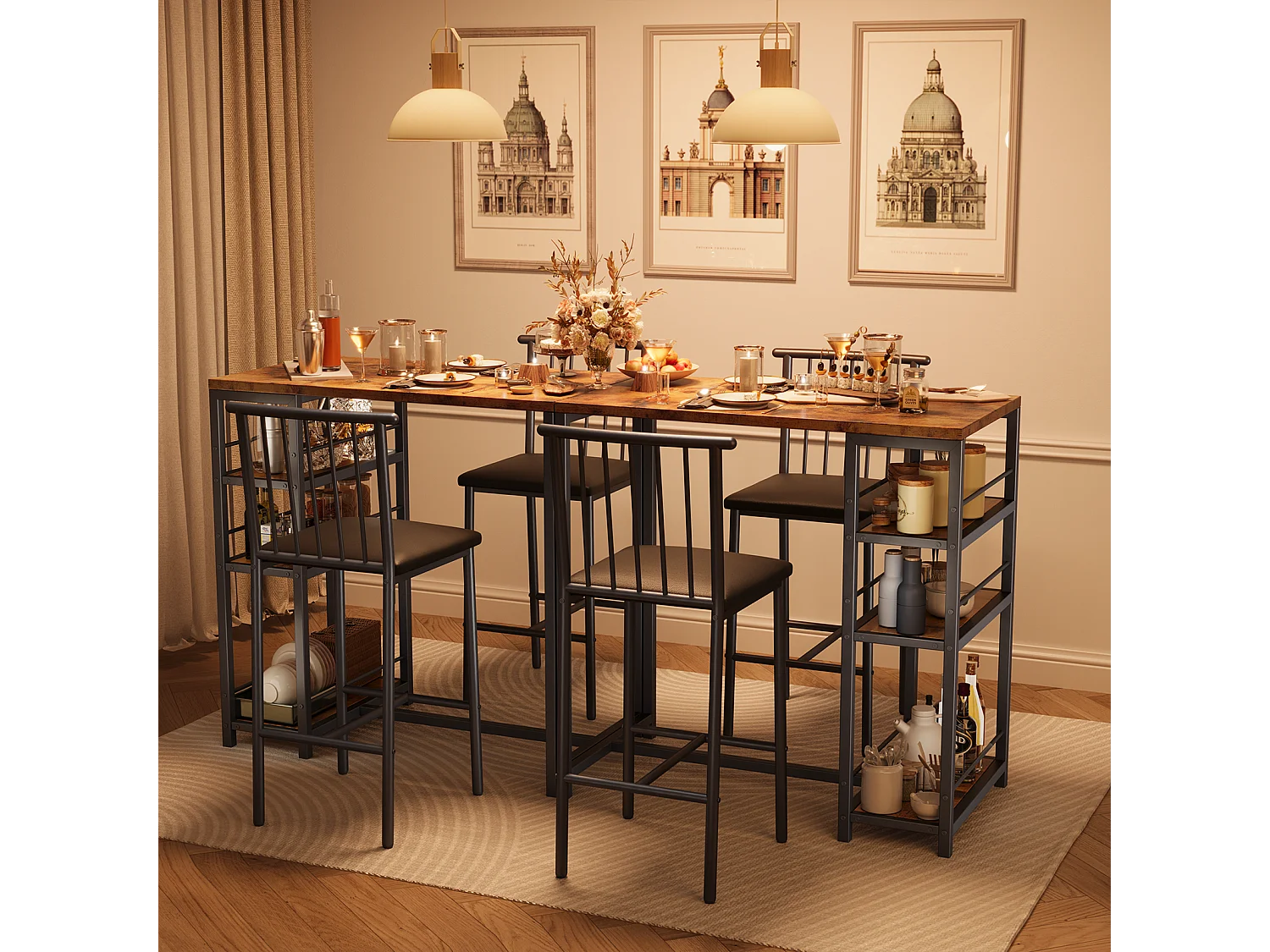 Lot Table et Tabourets de Bar Bealife (1+2) avec Tablette - Cuisine, Bistrot - 91 x 50 x 91 cm - Marron