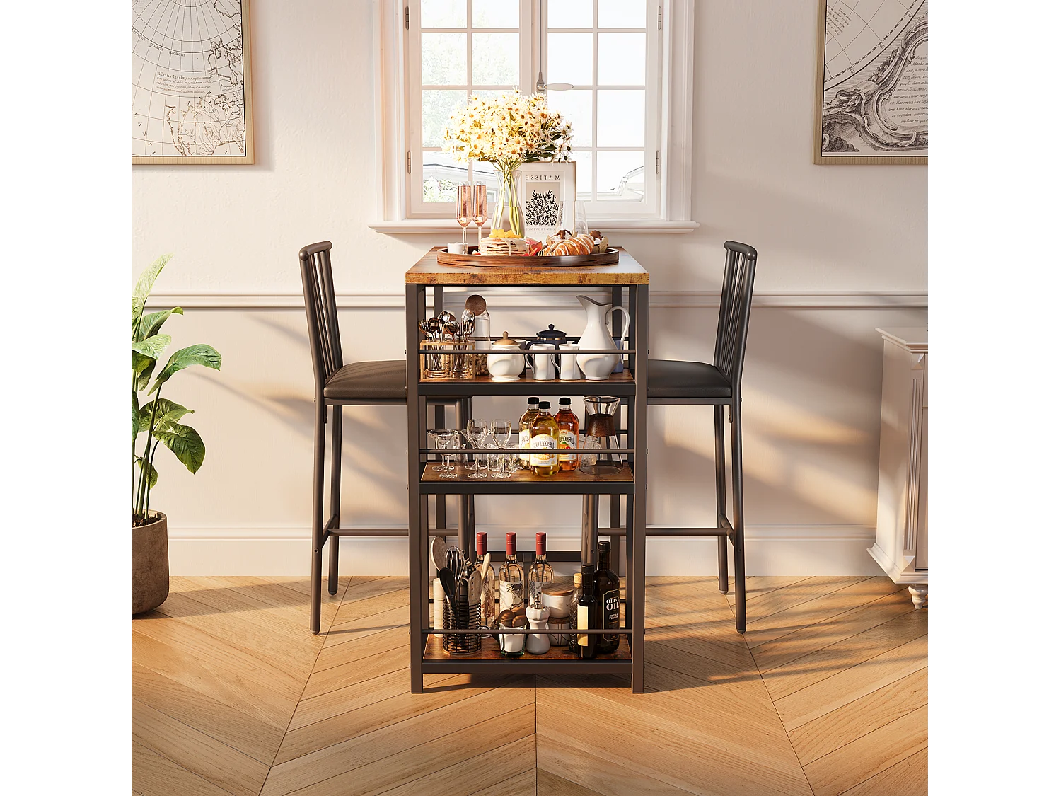 Lot Table et Tabourets de Bar Bealife (1+2) avec Tablette - Cuisine, Bistrot - 91 x 50 x 91 cm - Marron