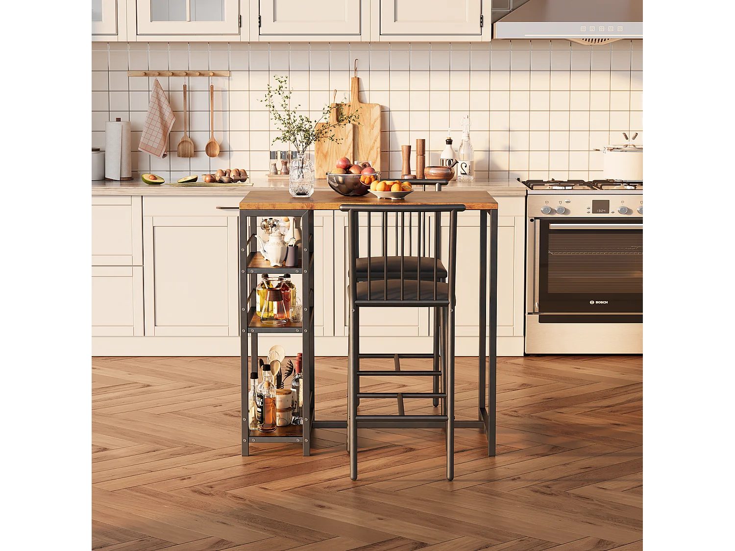 Lot Table et Tabourets de Bar Bealife (1+2) avec Tablette - Cuisine, Bistrot - 91 x 50 x 91 cm - Marron