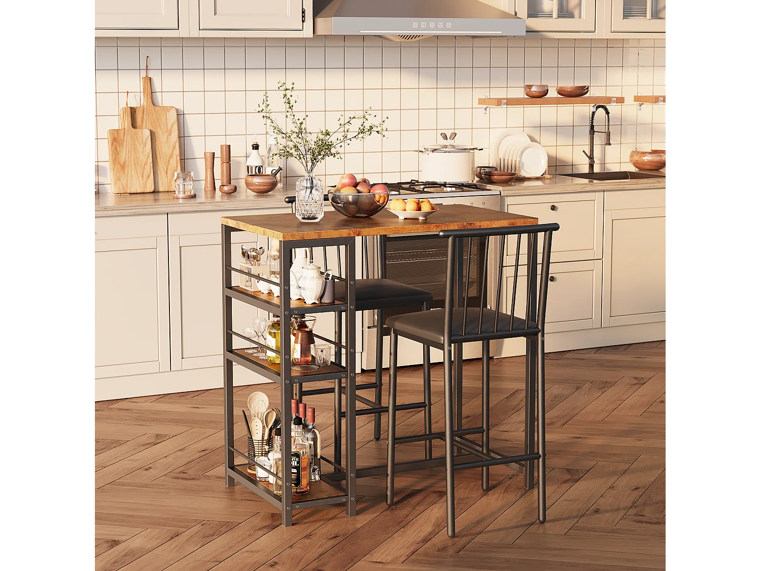 Lot Table et Tabourets de Bar Bealife (1+2) avec Tablette - Cuisine, Bistrot - 91 x 50 x 91 cm - Marron