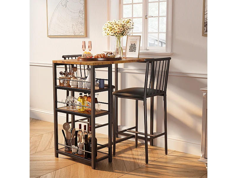 Lot Table et Tabourets de Bar Bealife (1+2) avec Tablette - Cuisine, Bistrot - 91 x 50 x 91 cm - Marron