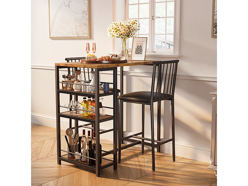 Lot Table et Tabourets de Bar Bealife (1+2) avec Tablette - Cuisine, Bistrot - 91 x 50 x 91 cm - Marron