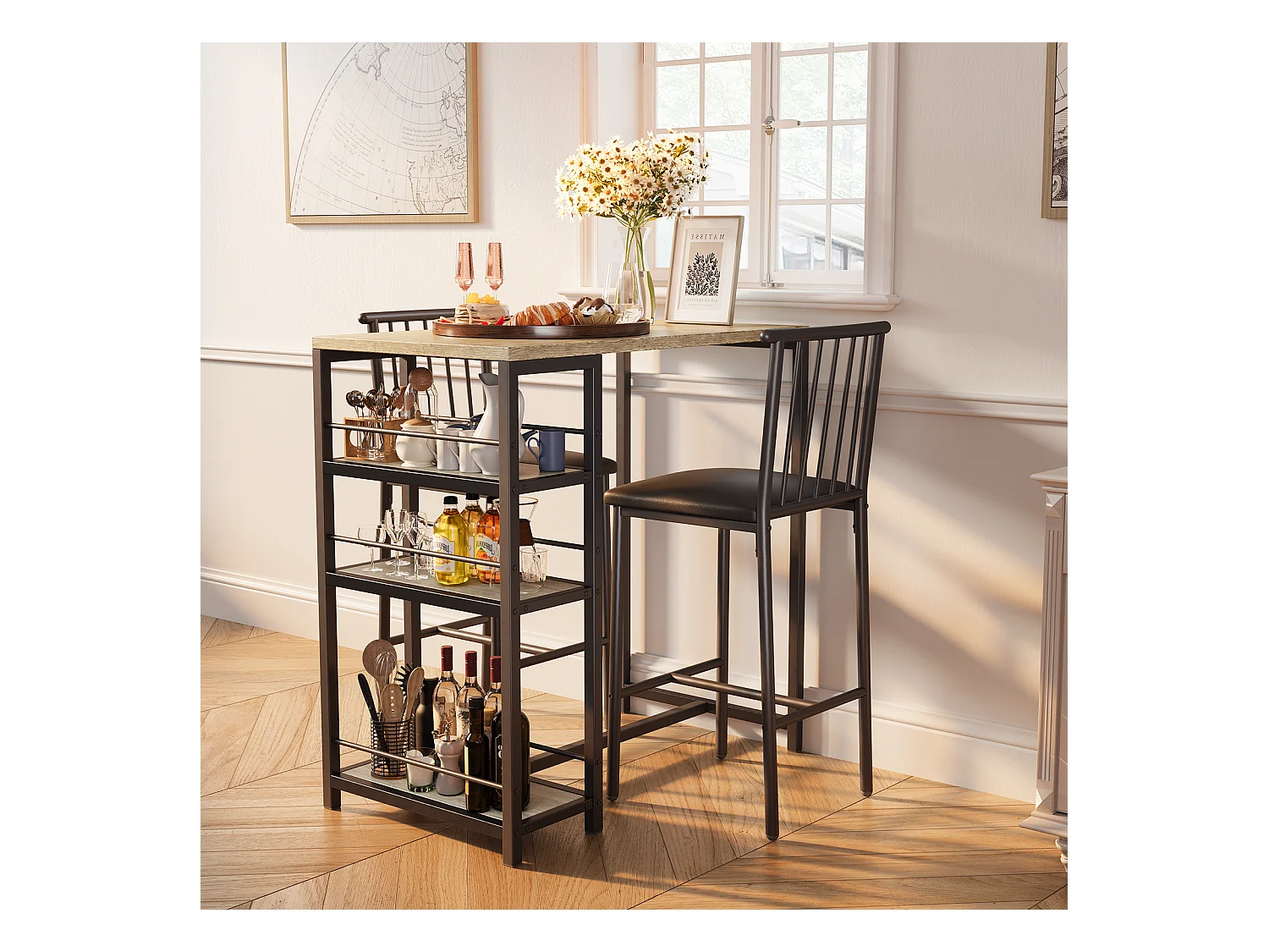 Lot Table et Tabourets de Bar Bealife (1+2) avec Tablette - Cuisine, Bistrot - 91 x 50 x 91 cm - Gris