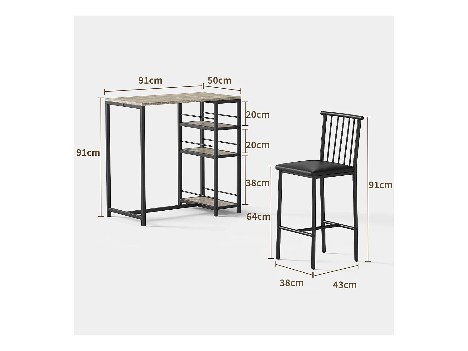 Lot Table et Tabourets de Bar Bealife (1+2) avec Tablette - Cuisine, Bistrot - 91 x 50 x 91 cm - Gris