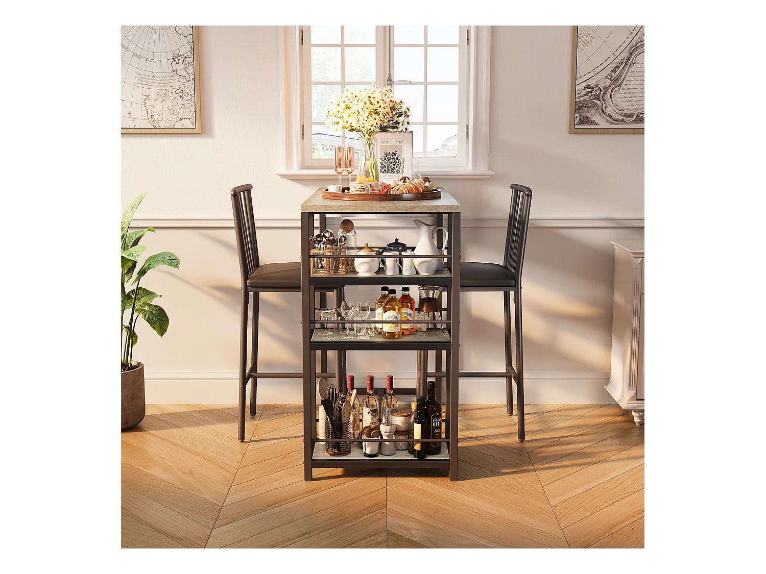 Lot Table et Tabourets de Bar Bealife (1+2) avec Tablette - Cuisine, Bistrot - 91 x 50 x 91 cm - Gris