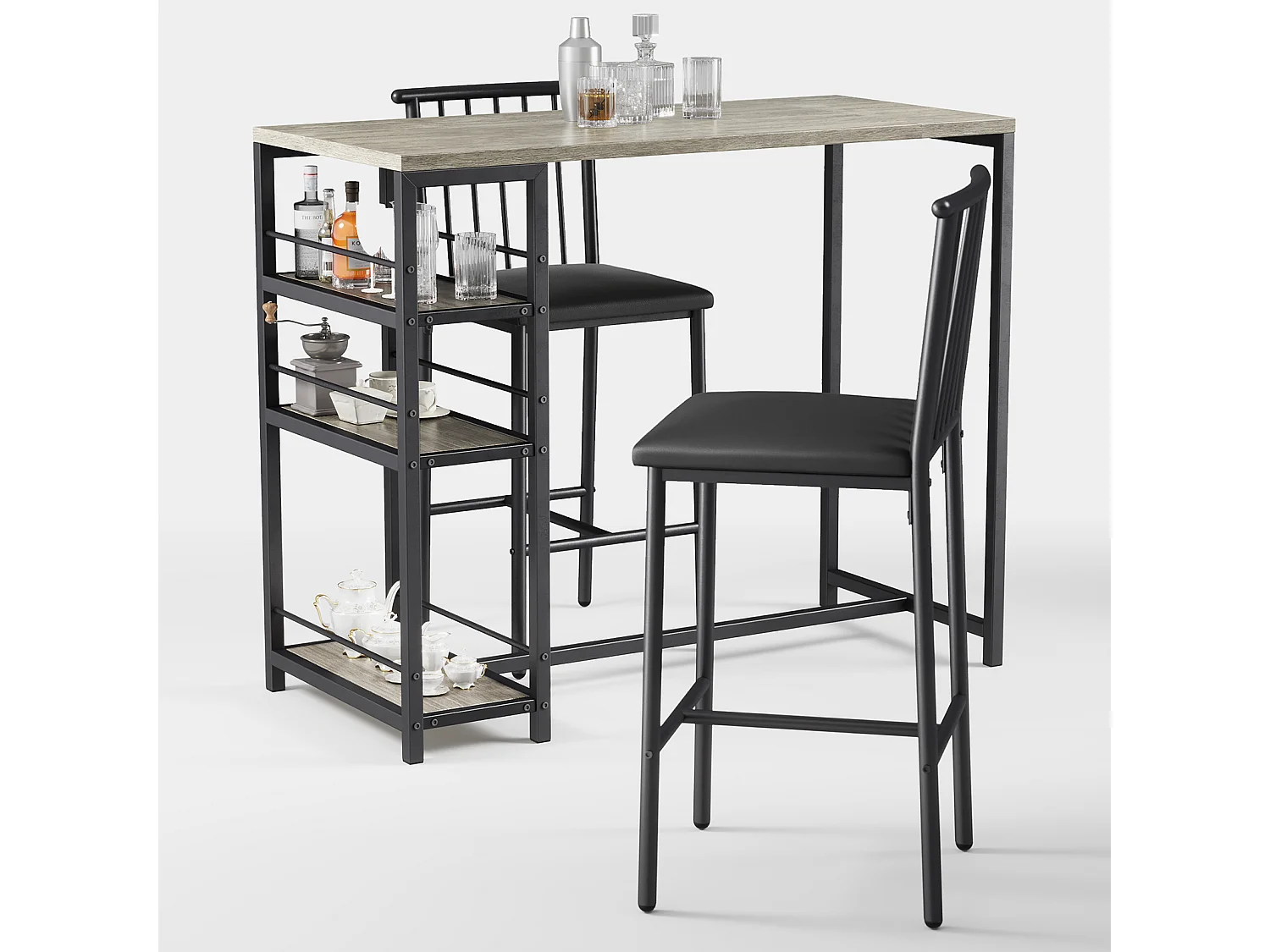 Lot Table et Tabourets de Bar Bealife (1+2) avec Tablette - Cuisine, Bistrot - 91 x 50 x 91 cm - Gris