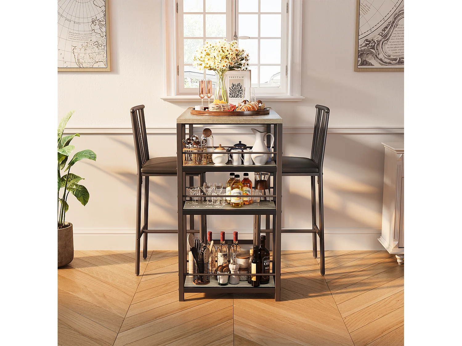 Lot Table et Tabourets de Bar Bealife (1+2) avec Tablette - Cuisine, Bistrot - 91 x 50 x 91 cm - Gris