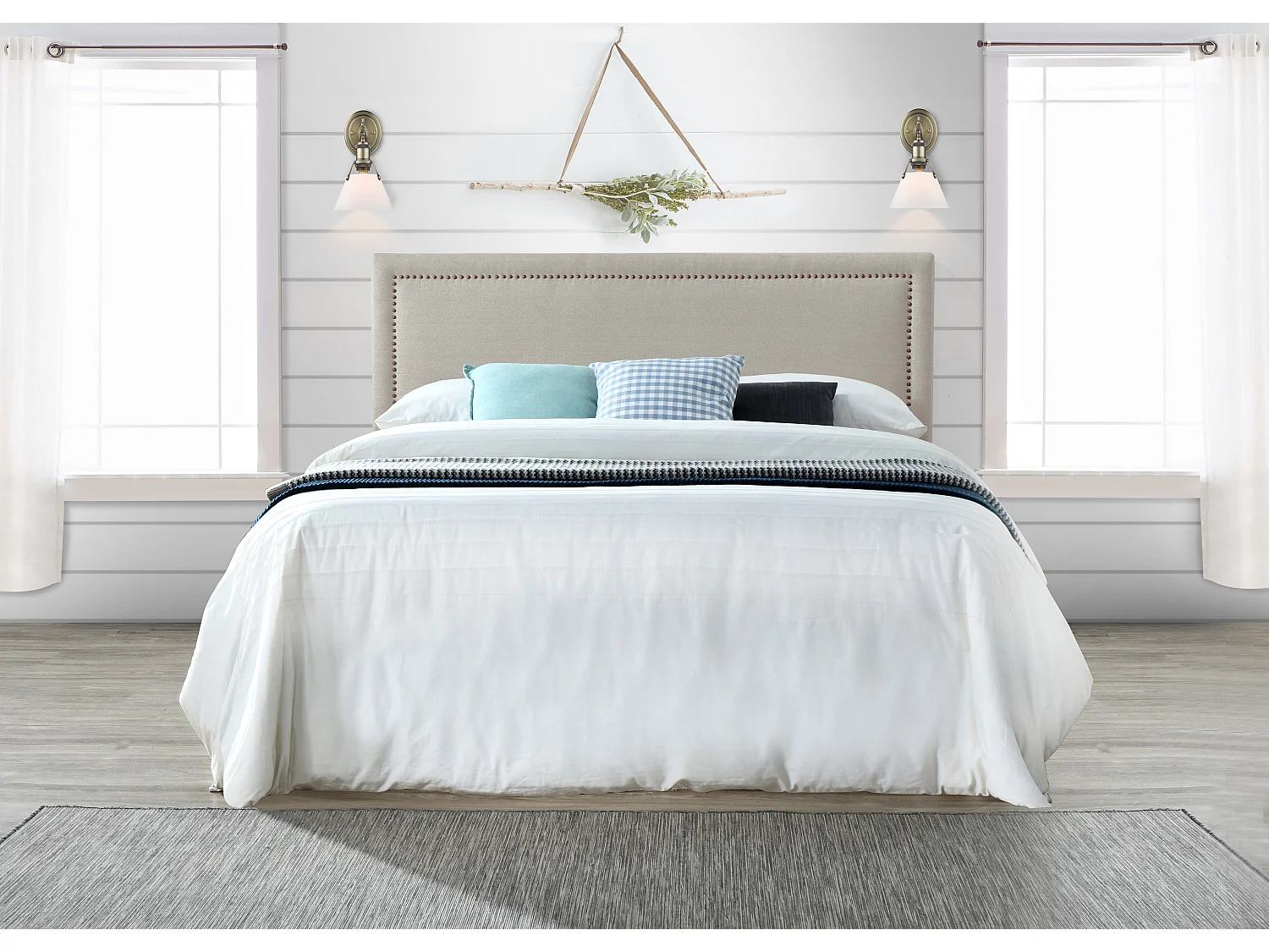 Tête de lit finition cloutée 150 cm - Tissu effet lin - Beige - ALVISE