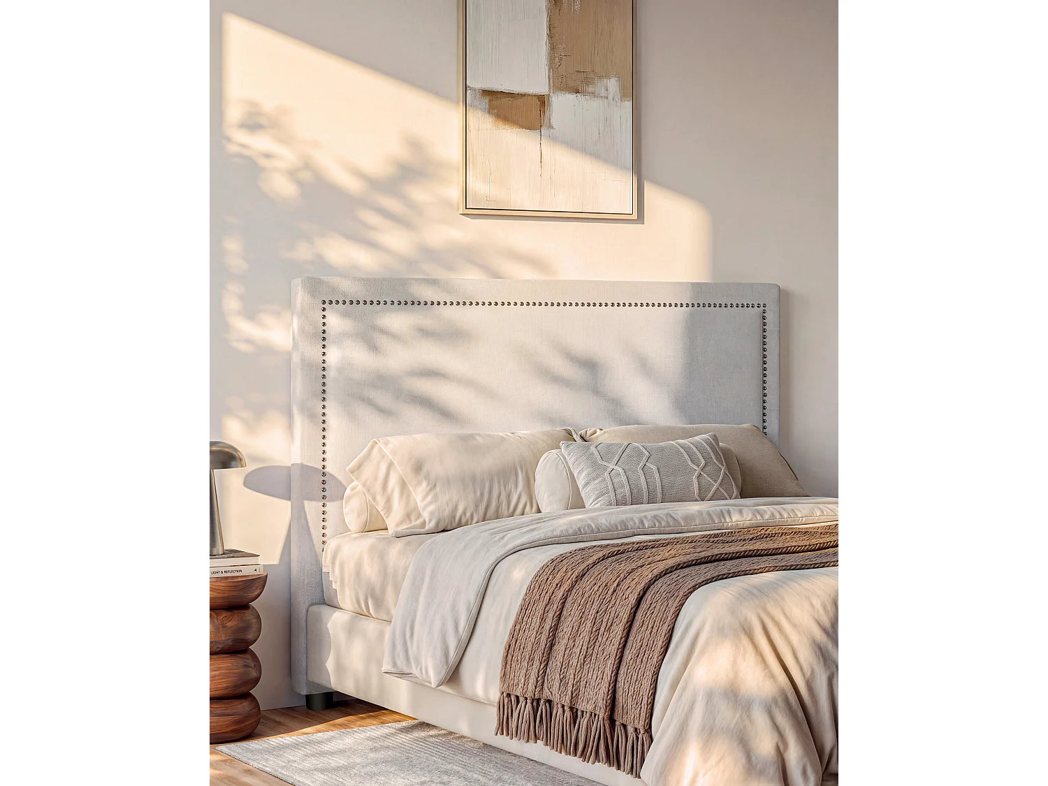 Tête de lit finition cloutée 180 cm - Tissu effet lin - Beige - ALVISE