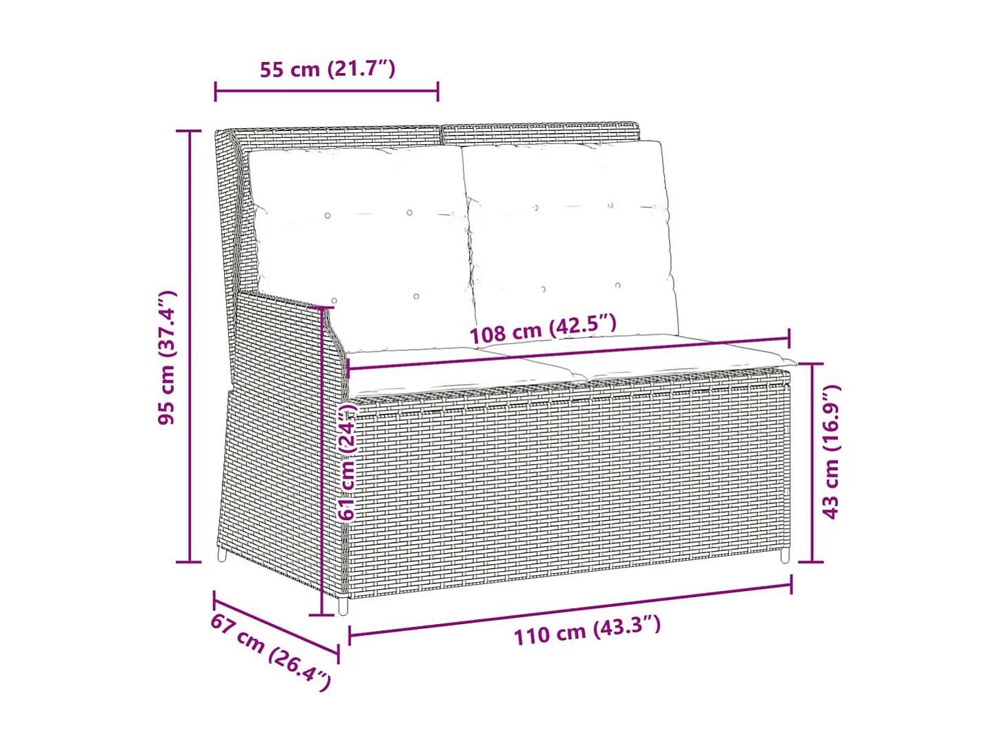 Banc inclinable de jardin avec coussins beige résine tressée