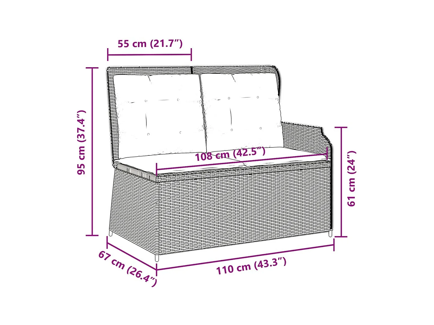 Banc inclinable de jardin avec coussins marron résine tressée